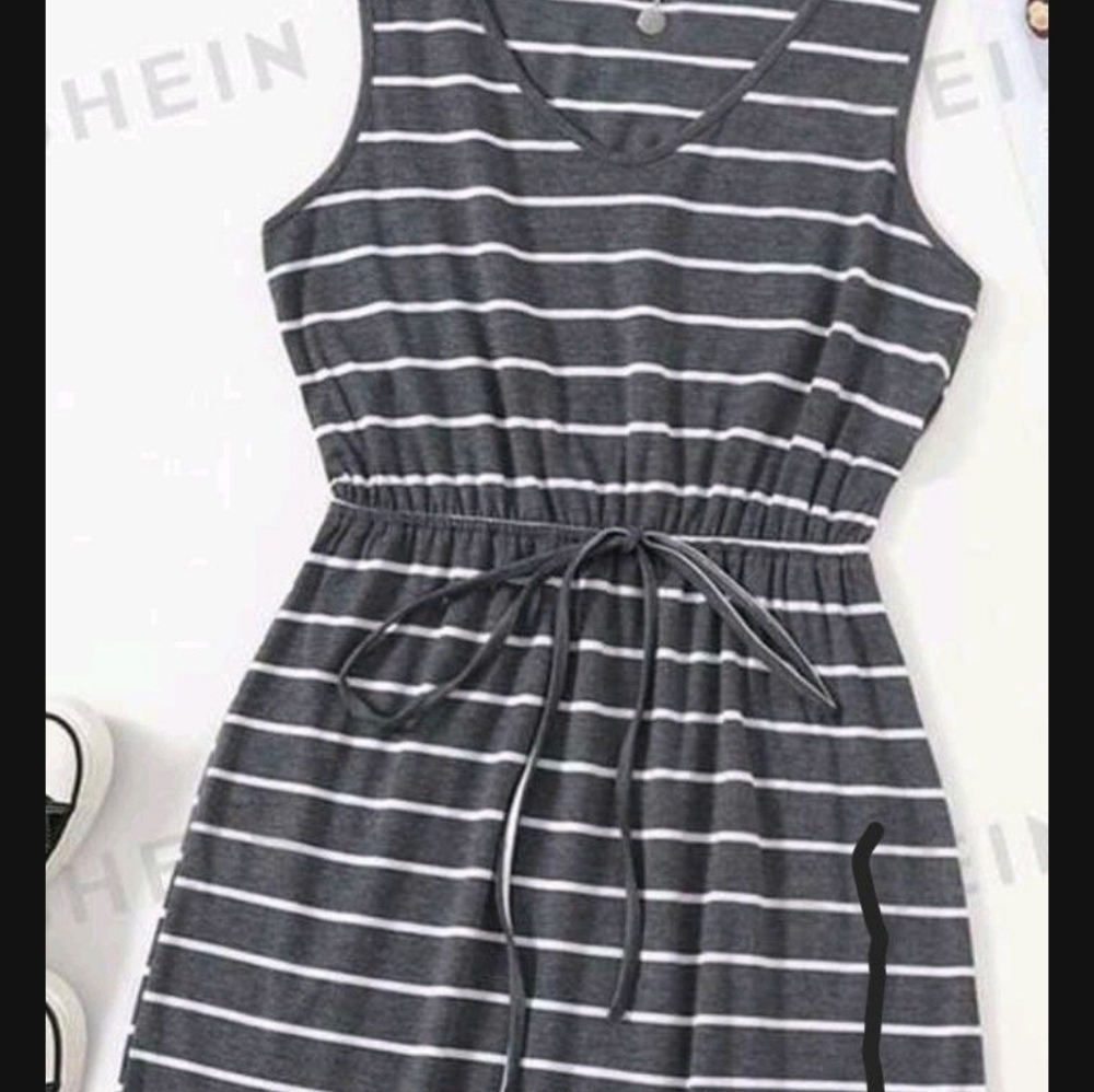 Gray and white striped curved hem summer dress